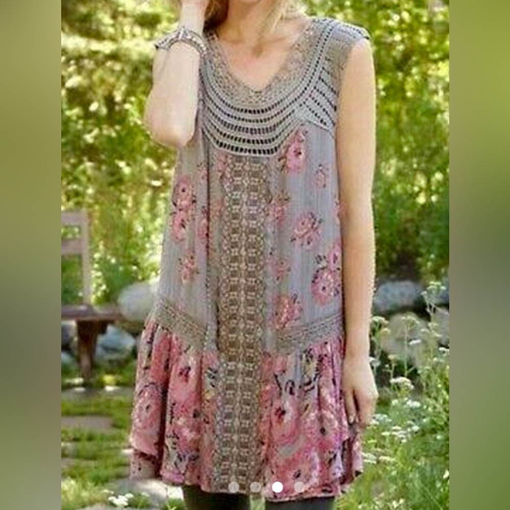 Free People Gray and Pink Crochet Floral Tunic